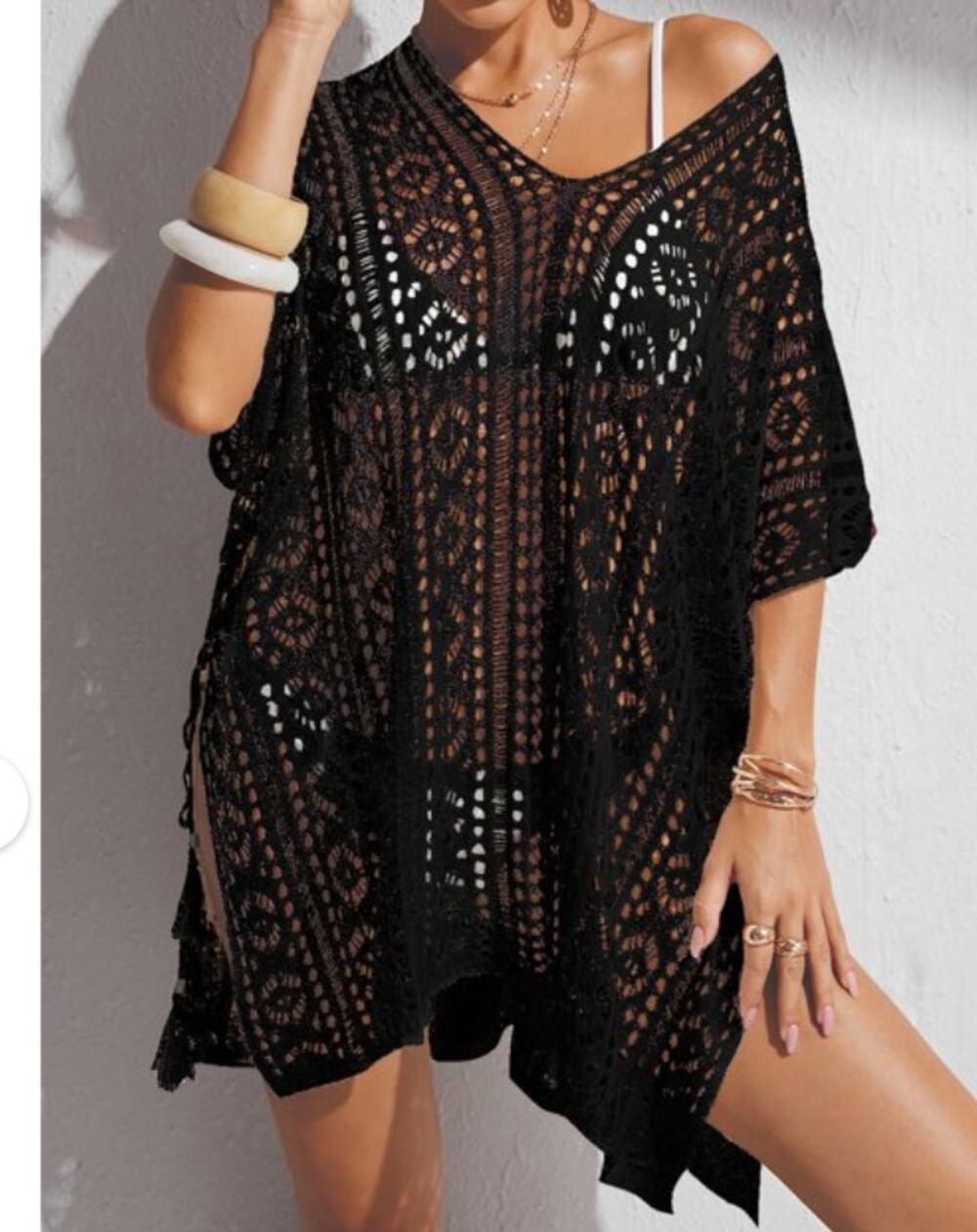 Boutique Boho Black Crochet Knit Swimsuit Cover-Up with Tassels